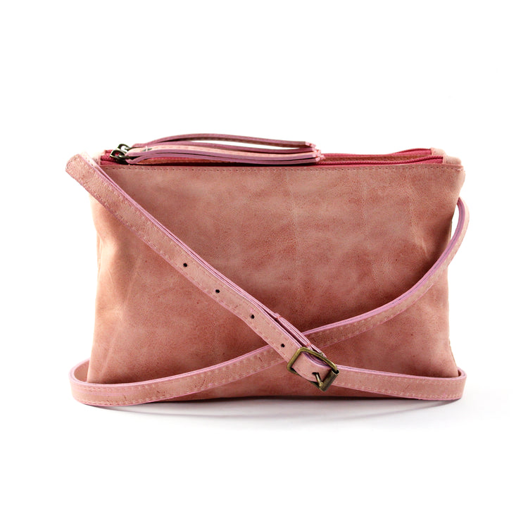 Dusty Pink Leather Double Pouch Cross Body - Escape Society