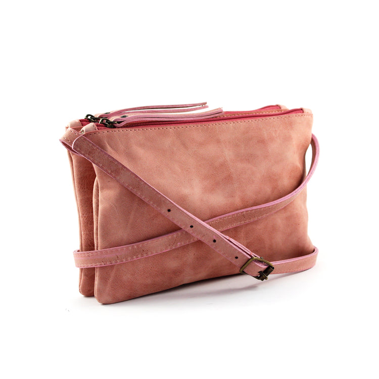 Dusty Pink Leather Double Pouch Cross Body - Escape Society